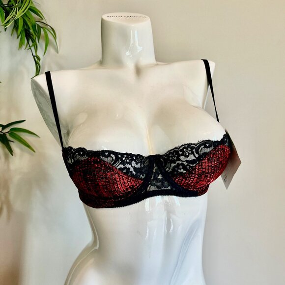 NWT Lily of France Vintage Demi Lace Bra in Hot Red Metallic & Black Lace 36C - Picture 7 of 14